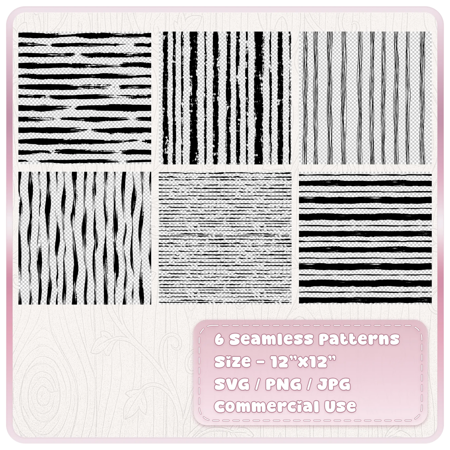 Six seamless grunge stripe patterns shown in black with distressed horizontal, vertical, wavy and hand-drawn line designs in SVG PNG and JPG formats.