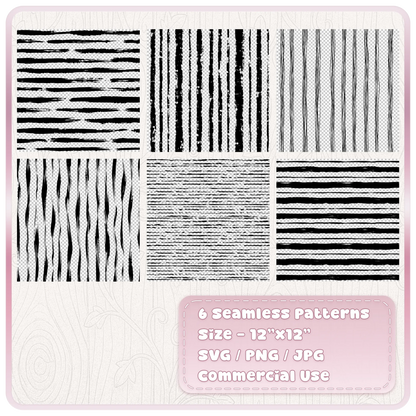 Six seamless grunge stripe patterns shown in black with distressed horizontal, vertical, wavy and hand-drawn line designs in SVG PNG and JPG formats.