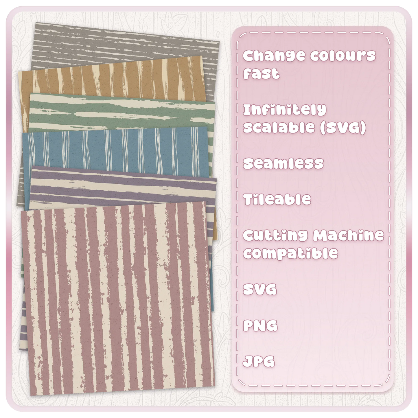 Grunge stripe seamless pattern bundle showing six coloured distressed stripe examples with changeable SVG colours, scalable vector files and tileable designs.