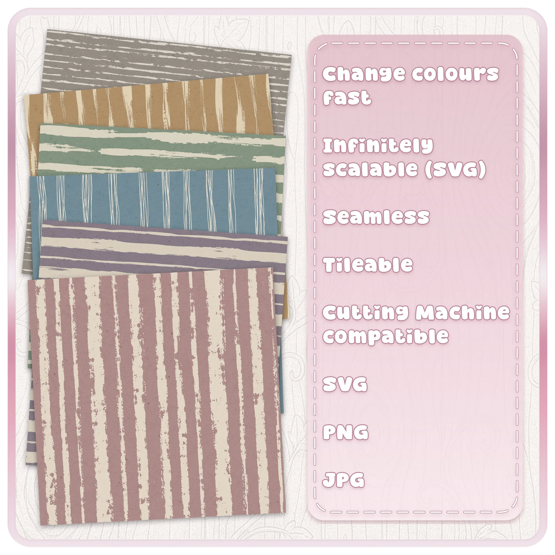 Grunge stripe seamless pattern bundle showing six coloured distressed stripe examples with changeable SVG colours, scalable vector files and tileable designs.