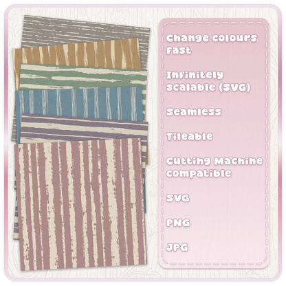 Grunge stripe seamless pattern bundle showing six coloured distressed stripe examples with changeable SVG colours, scalable vector files and tileable designs.