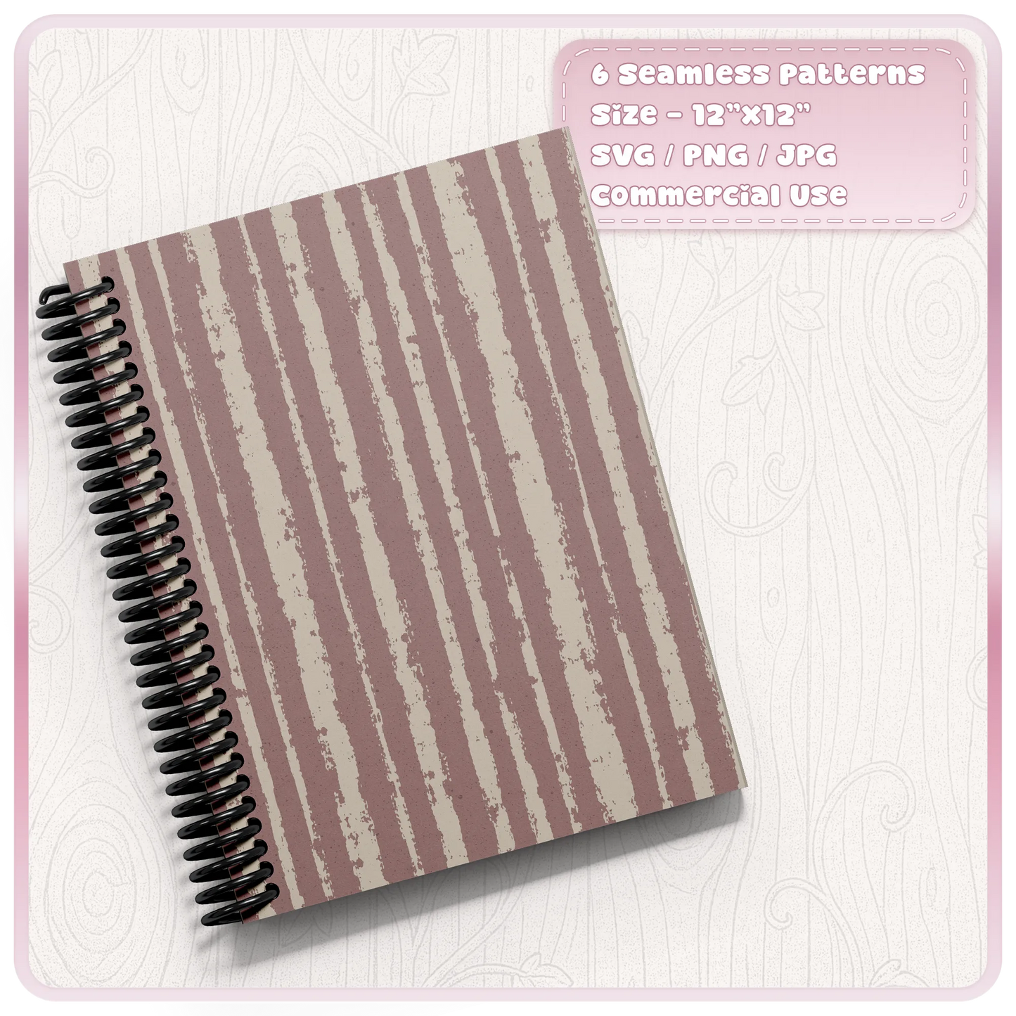 Pink and cream distressed vertical stripe seamless pattern displayed on a spiral notebook mockup from the grunge stripes SVG PNG and JPG bundle.