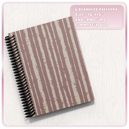 Pink and cream distressed vertical stripe seamless pattern displayed on a spiral notebook mockup from the grunge stripes SVG PNG and JPG bundle.
