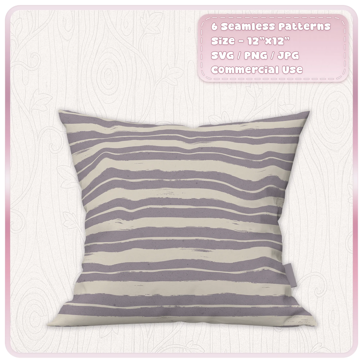 Purple and cream wavy grunge stripe seamless pattern displayed on a decorative cushion mockup from the six distressed stripe pattern bundle.