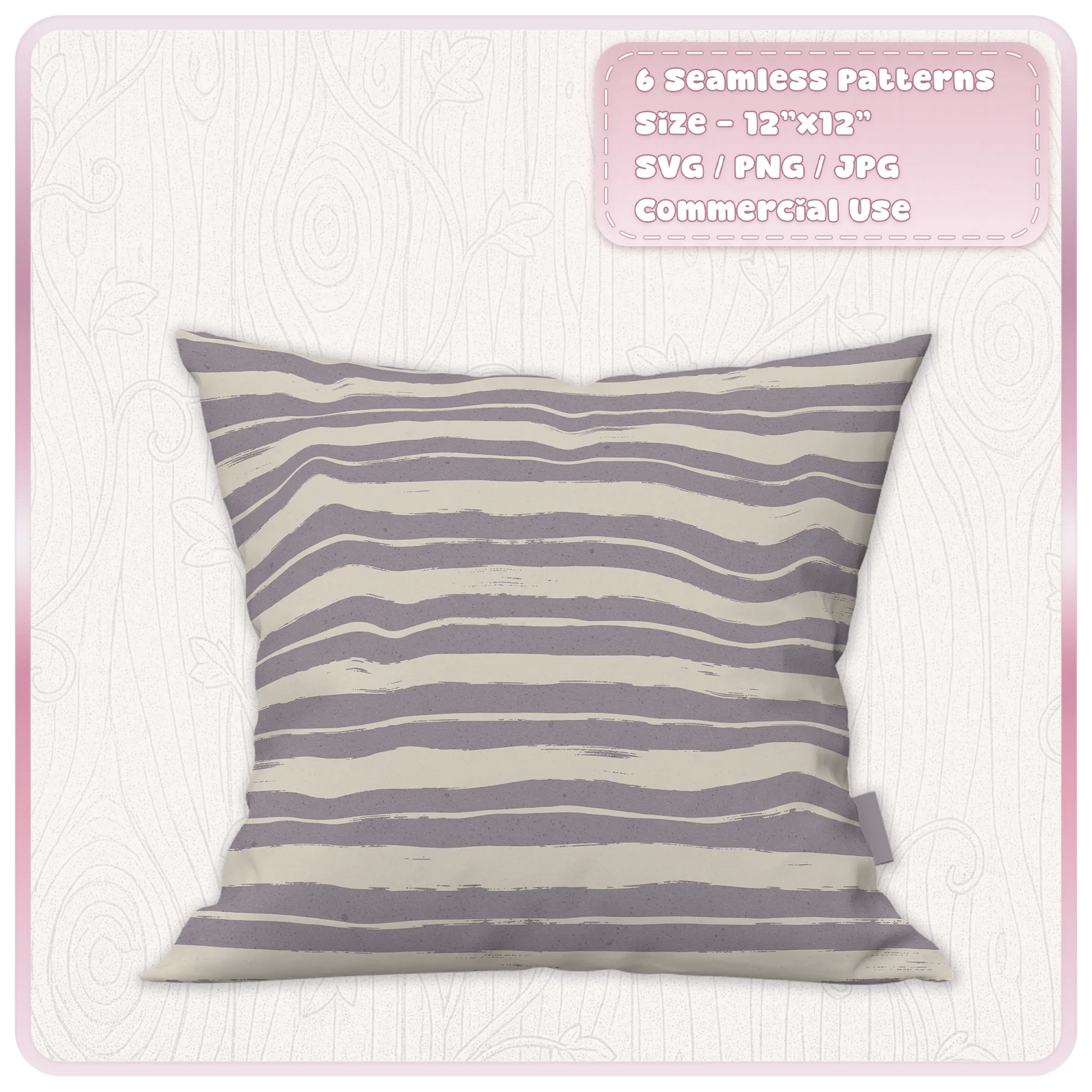 Purple and cream wavy grunge stripe seamless pattern displayed on a decorative cushion mockup from the six distressed stripe pattern bundle.