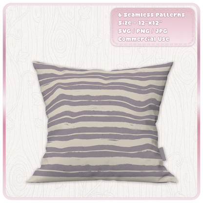 Purple and cream wavy grunge stripe seamless pattern displayed on a decorative cushion mockup from the six distressed stripe pattern bundle.