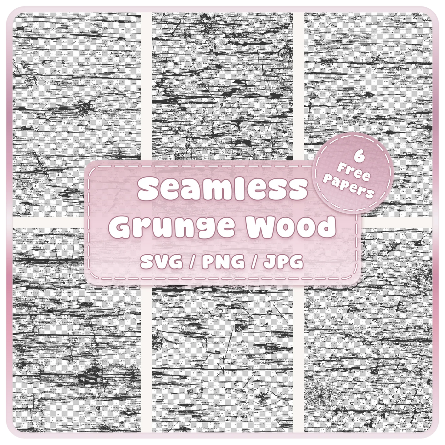 6 grunge wood seamless pattern overlays in SVG PNG and JPG formats with distressed weathered woodgrain textures