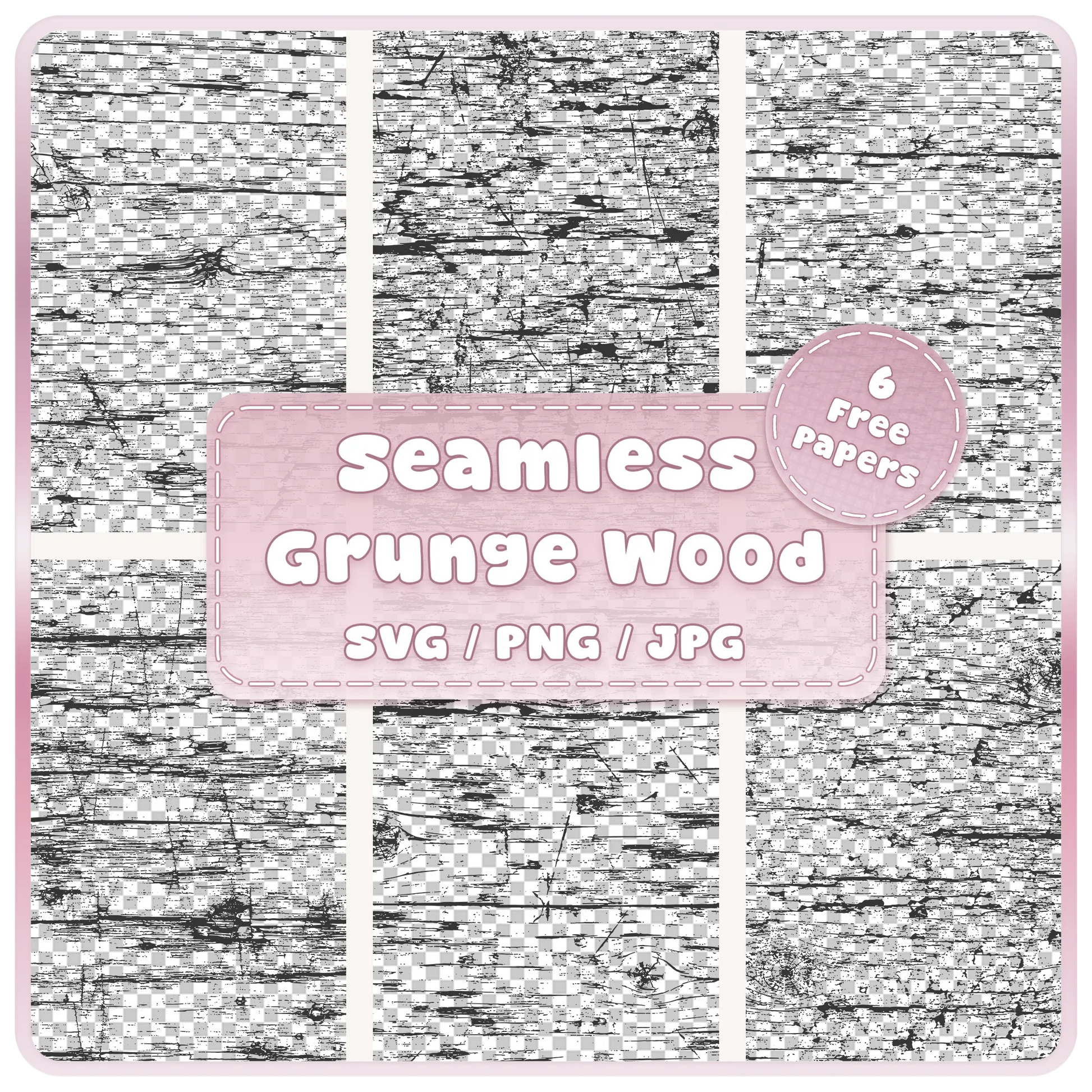 6 grunge wood seamless pattern overlays in SVG PNG and JPG formats with distressed weathered woodgrain textures