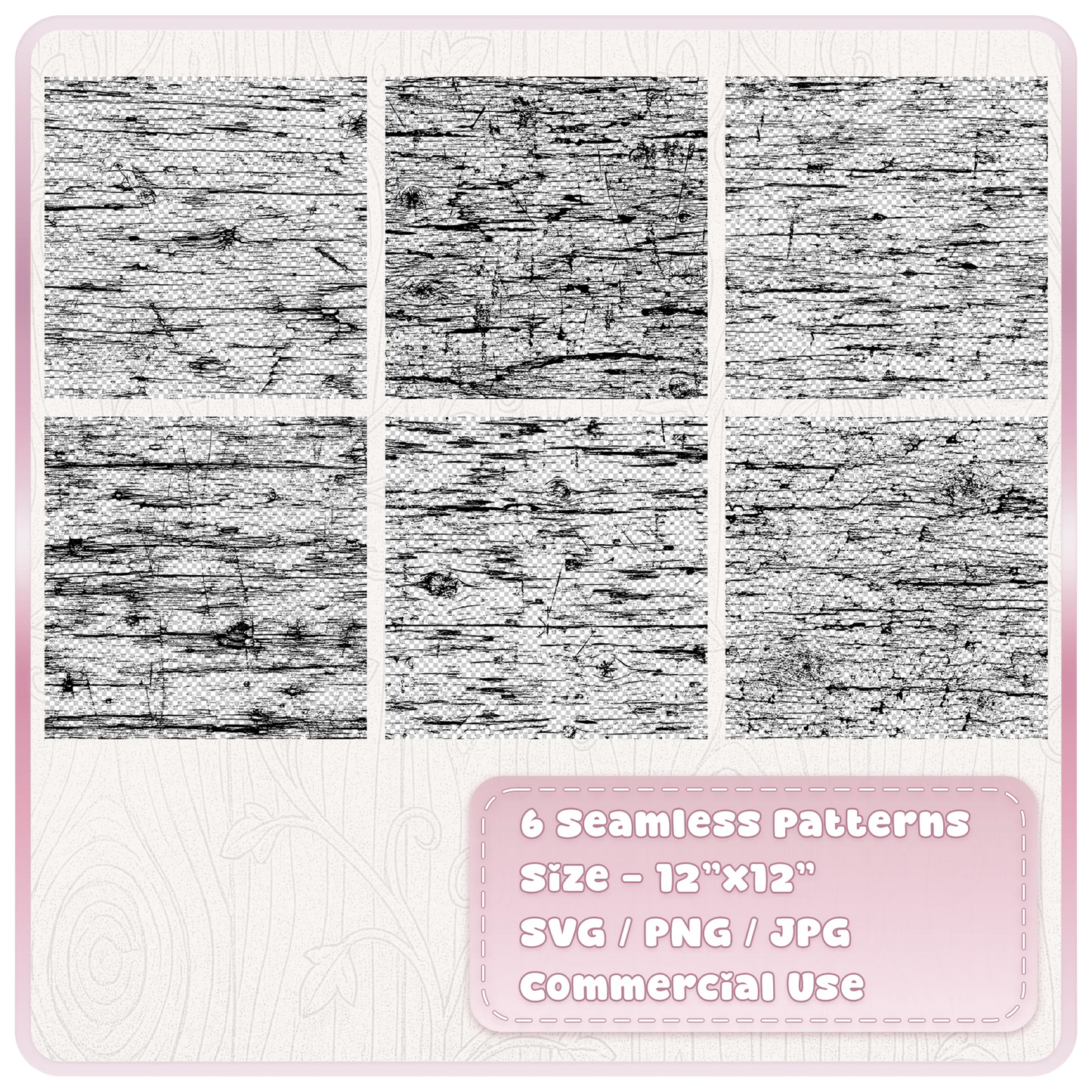 Six seamless grunge woodgrain patterns showing distressed scratched and weathered wood texture digital designs