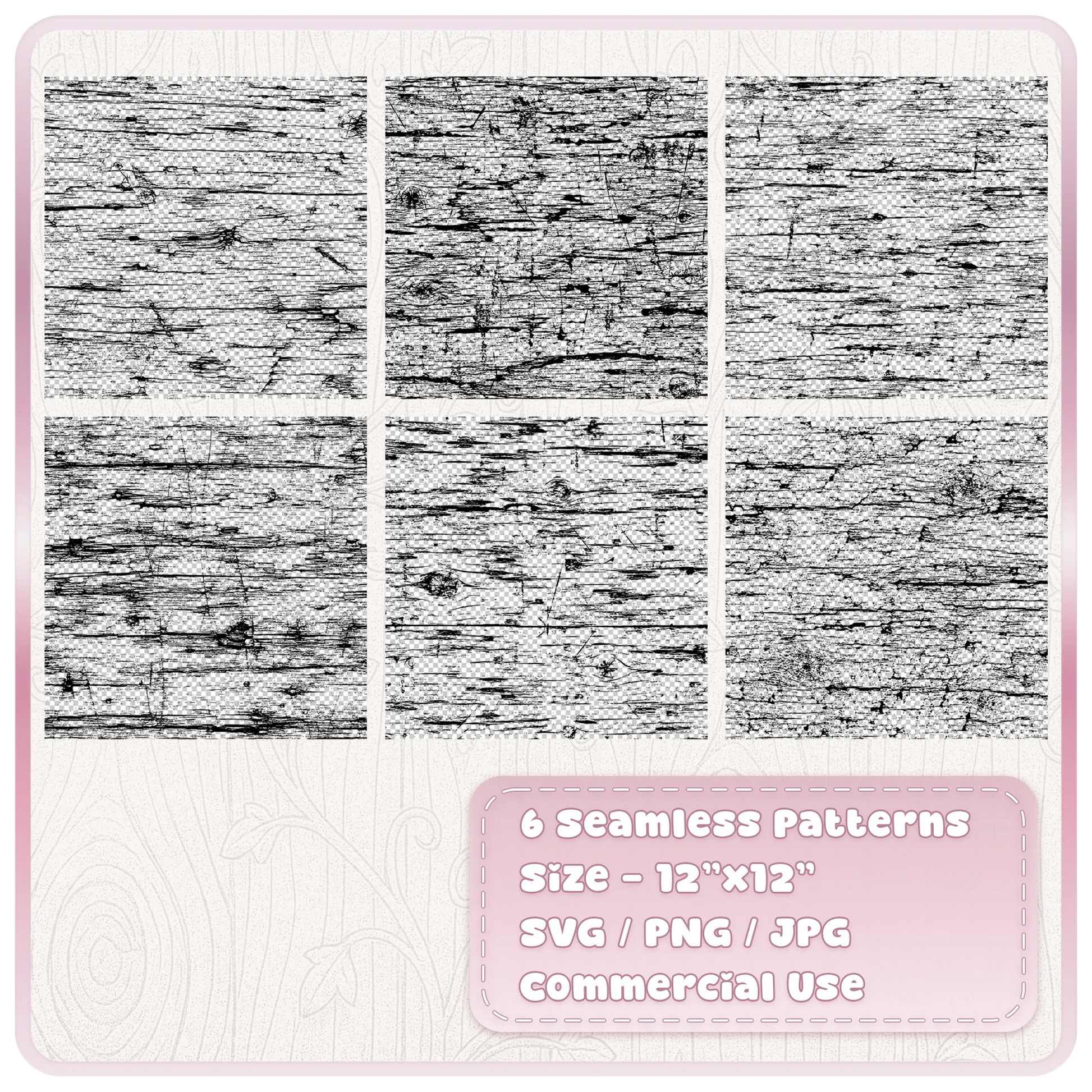 Six seamless grunge woodgrain patterns showing distressed scratched and weathered wood texture digital designs