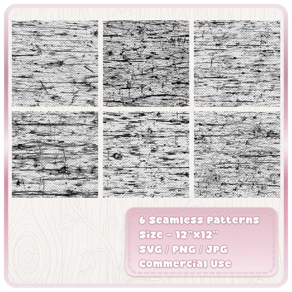 Six seamless grunge woodgrain patterns showing distressed scratched and weathered wood texture digital designs