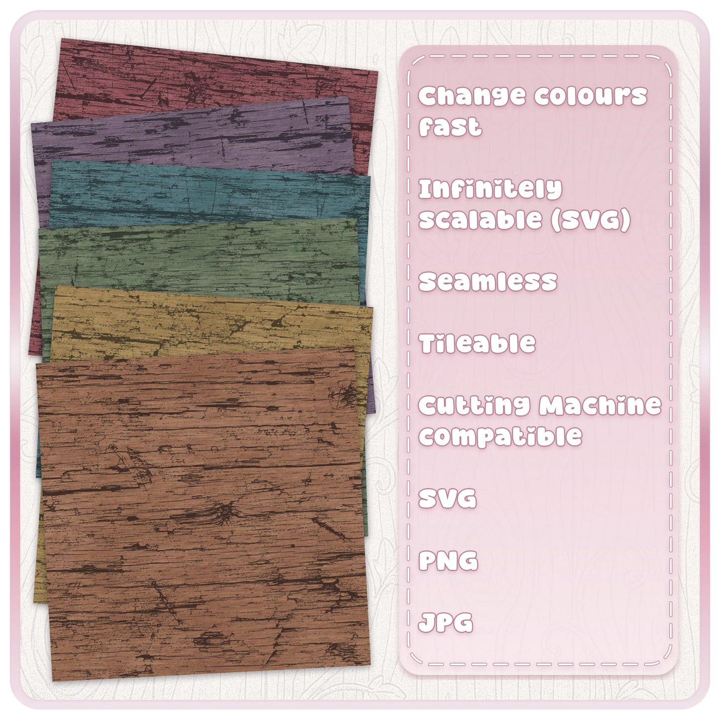 Grunge wood seamless pattern colour examples showing distressed woodgrain textures in six rustic muted colours