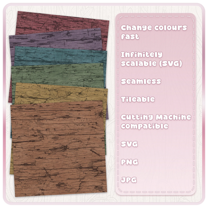 Grunge wood seamless pattern colour examples showing distressed woodgrain textures in six rustic muted colours