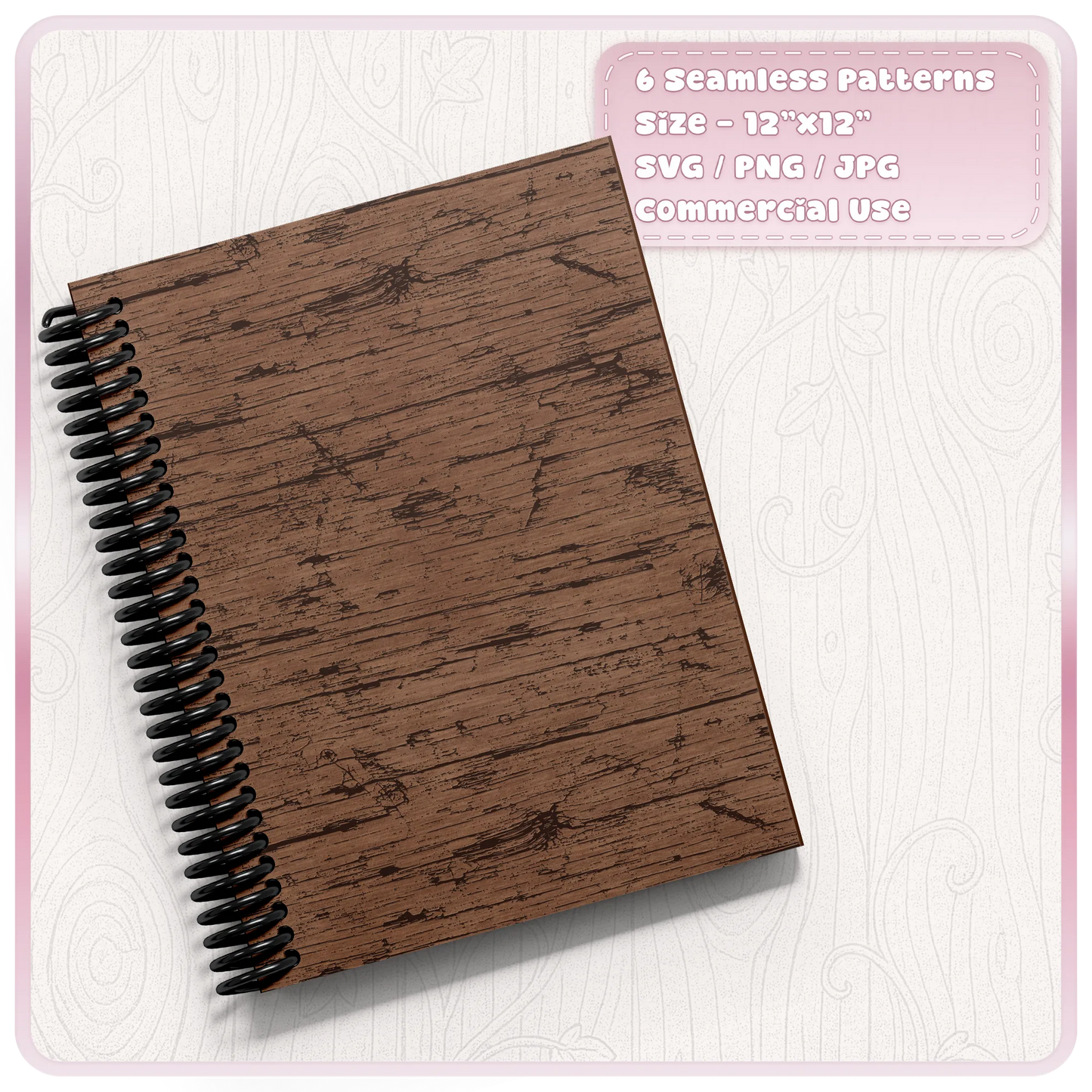 Distressed brown grunge wood seamless pattern displayed on a spiral notebook cover with weathered woodgrain texture