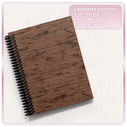 Distressed brown grunge wood seamless pattern displayed on a spiral notebook cover with weathered woodgrain texture