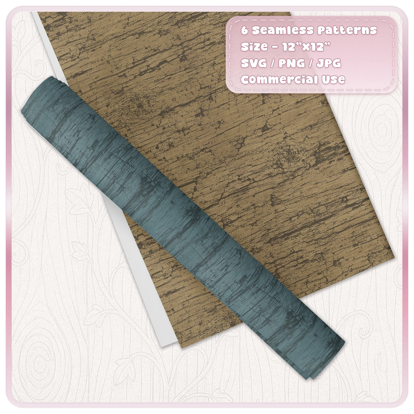 Seamless grunge woodgrain digital paper shown in distressed mustard and blue wood texture colour examples