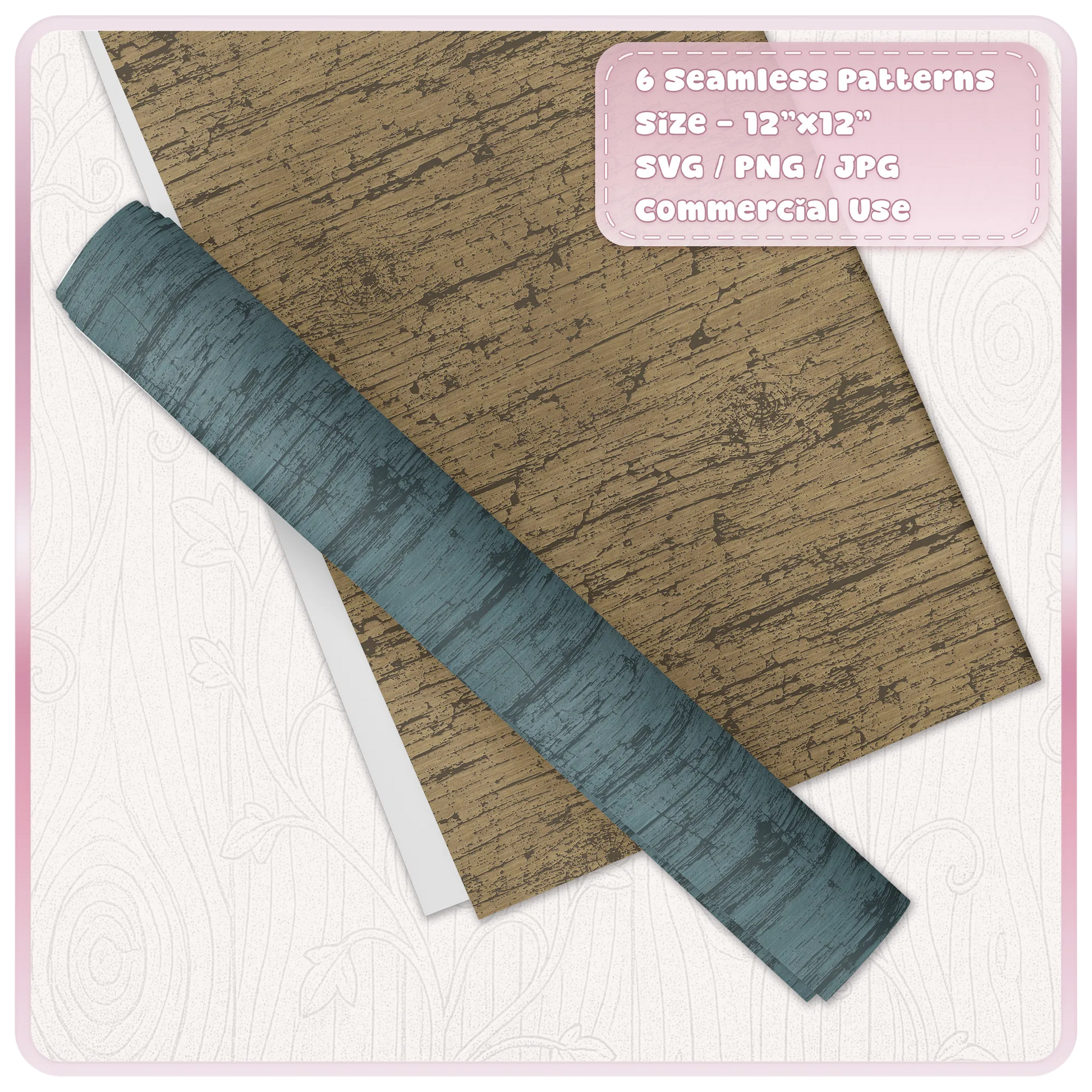 Seamless grunge woodgrain digital paper shown in distressed mustard and blue wood texture colour examples