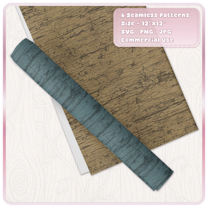 Seamless grunge woodgrain digital paper shown in distressed mustard and blue wood texture colour examples
