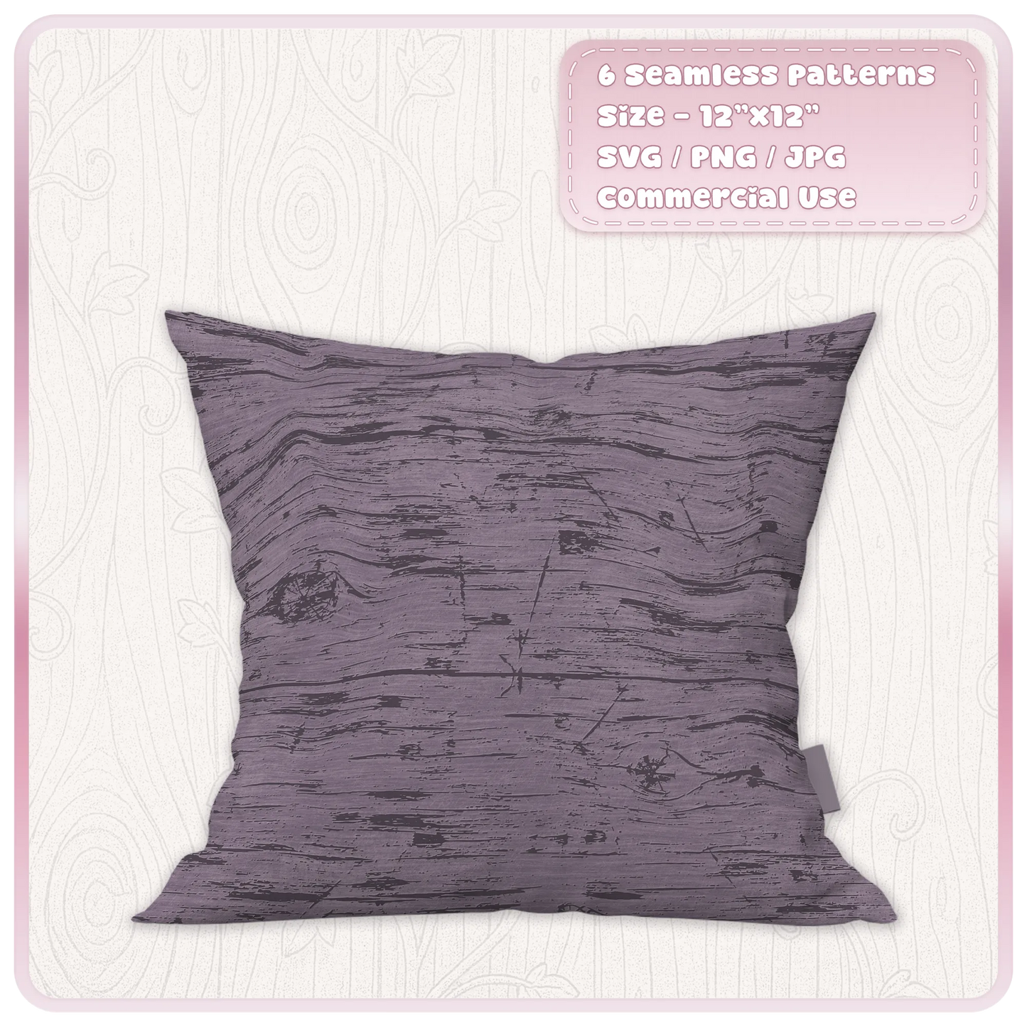 Purple distressed woodgrain seamless pattern displayed on a cushion with rustic grunge wood texture