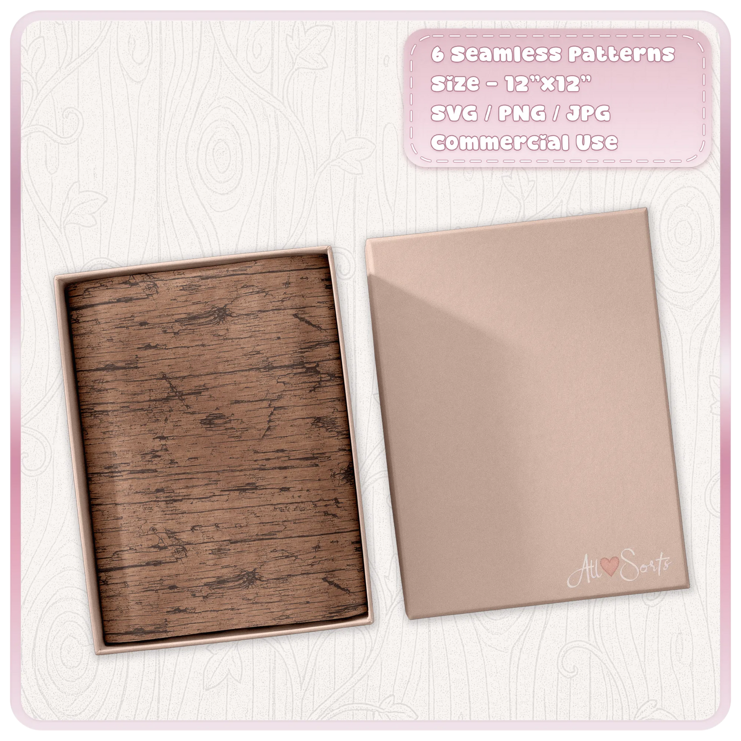 Brown grunge wood seamless pattern displayed inside a gift box showing distressed rustic woodgrain texture