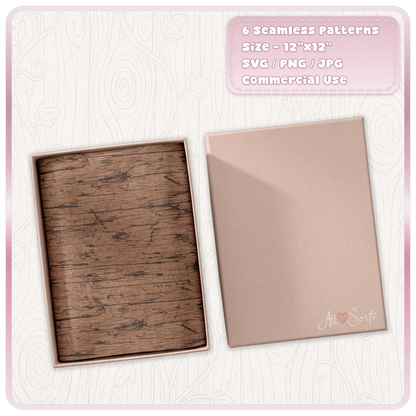 Brown grunge wood seamless pattern displayed inside a gift box showing distressed rustic woodgrain texture