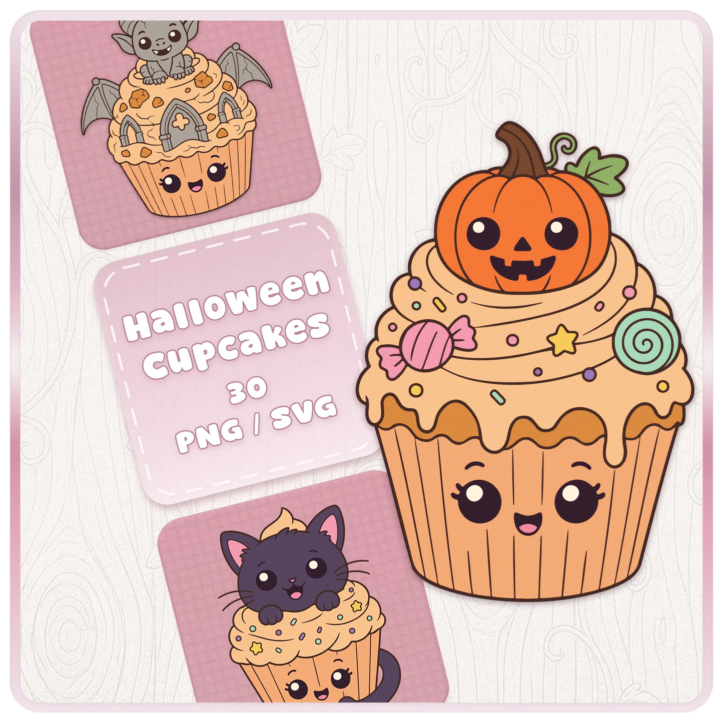 Halloween Cupcakes SVG and PNG clipart bundle cover featuring cute spooky cupcake designs with pumpkin, black cat, bat, and kawaii Halloween cupcake artwork.