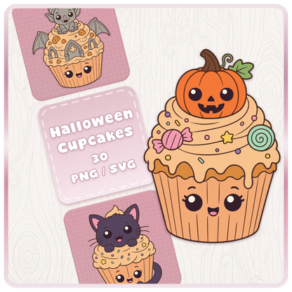 Halloween Cupcakes SVG and PNG clipart bundle cover featuring cute spooky cupcake designs with pumpkin, black cat, bat, and kawaii Halloween cupcake artwork.