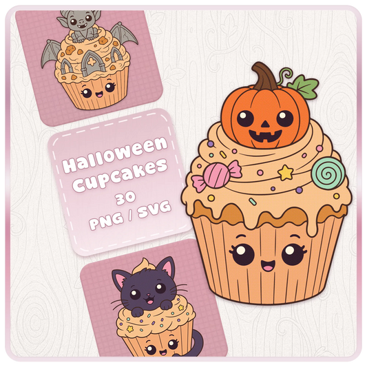 Halloween Cupcakes SVG and PNG clipart bundle cover featuring cute spooky cupcake designs with pumpkin, black cat, bat, and kawaii Halloween cupcake artwork.