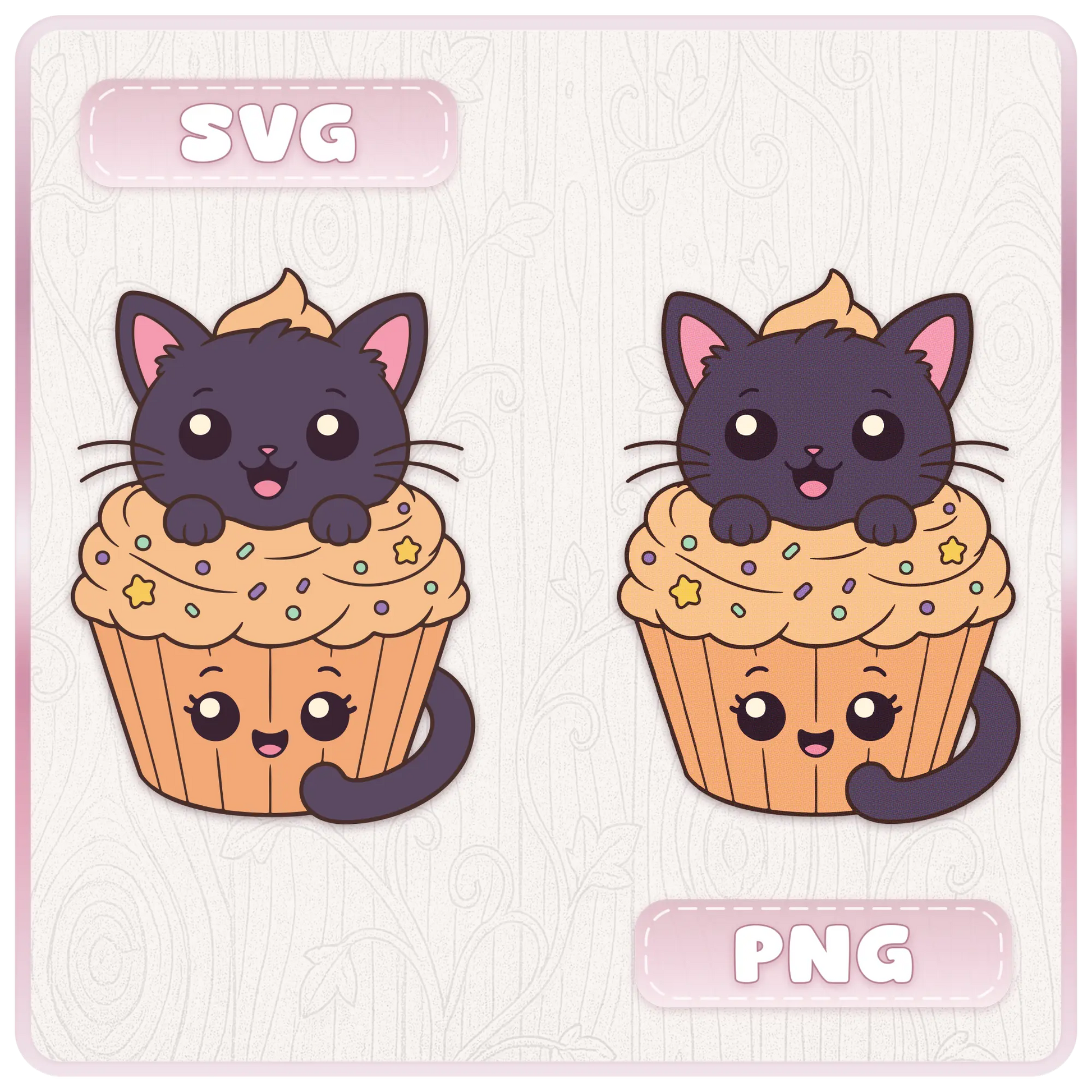Halloween cupcake SVG and PNG preview showing cute black cat cupcake clipart with orange frosting, sprinkles, stars, and smiling kawaii cupcake base.