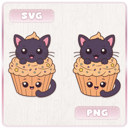 Halloween cupcake SVG and PNG preview showing cute black cat cupcake clipart with orange frosting, sprinkles, stars, and smiling kawaii cupcake base.