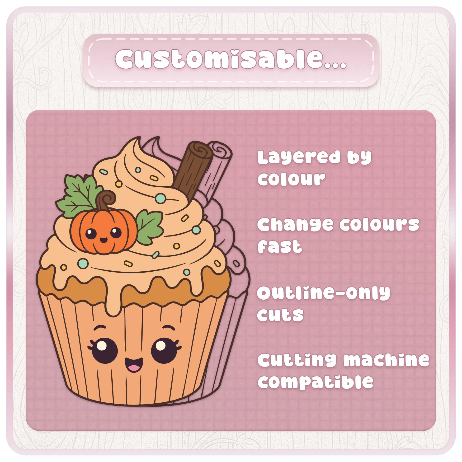 Customisable Halloween cupcake SVG bundle preview showing layered-by-colour cut files, fast colour changes, outline-only cuts, and cutting machine compatible artwork.