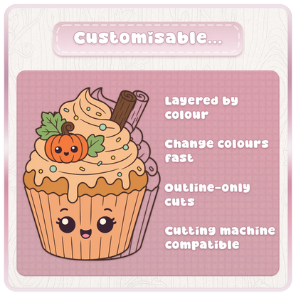 Customisable Halloween cupcake SVG bundle preview showing layered-by-colour cut files, fast colour changes, outline-only cuts, and cutting machine compatible artwork.