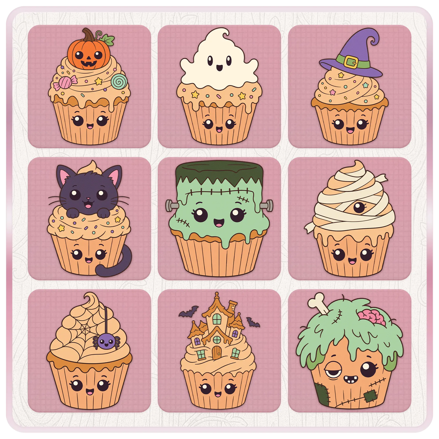 Halloween cupcake clipart preview sheet featuring pumpkin, ghost, witch hat, black cat, Frankenstein monster, mummy, spider web, haunted house, and zombie cupcake designs.