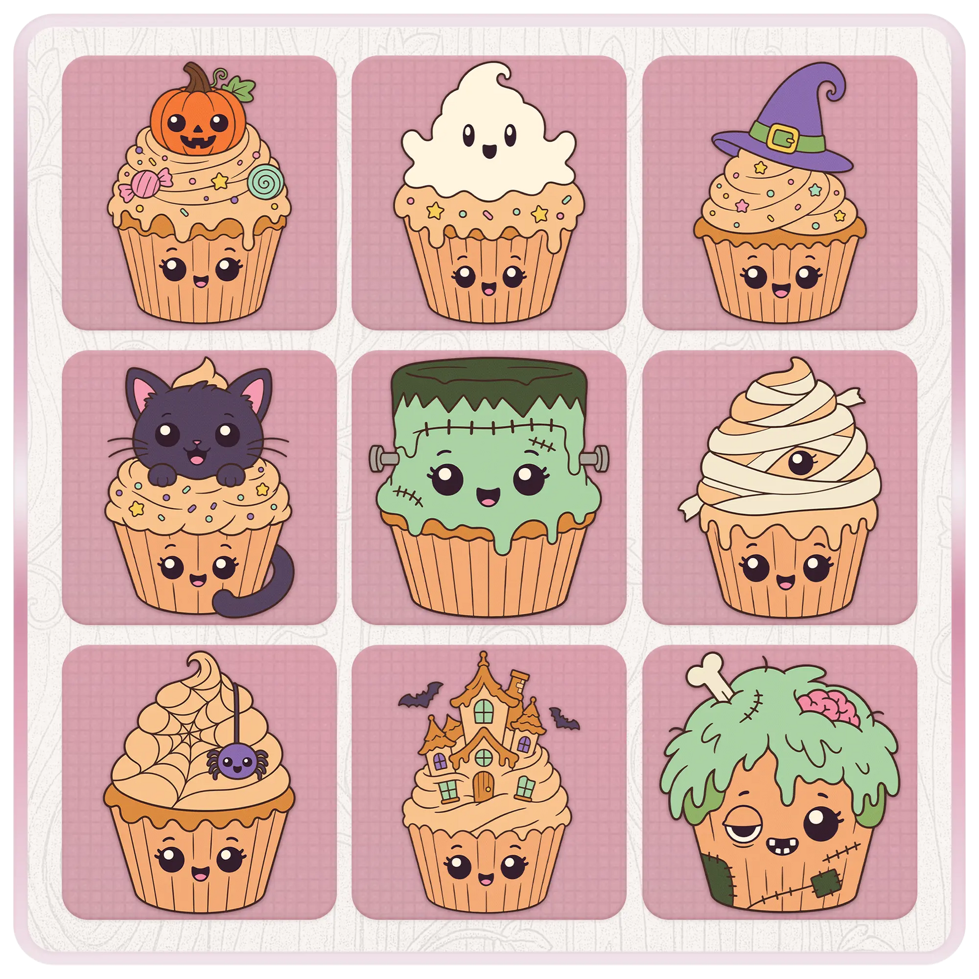 Halloween cupcake clipart preview sheet featuring pumpkin, ghost, witch hat, black cat, Frankenstein monster, mummy, spider web, haunted house, and zombie cupcake designs.