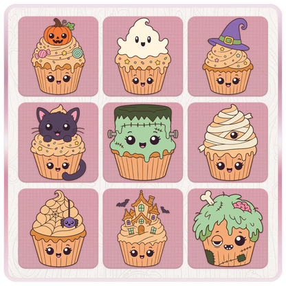 Halloween cupcake clipart preview sheet featuring pumpkin, ghost, witch hat, black cat, Frankenstein monster, mummy, spider web, haunted house, and zombie cupcake designs.
