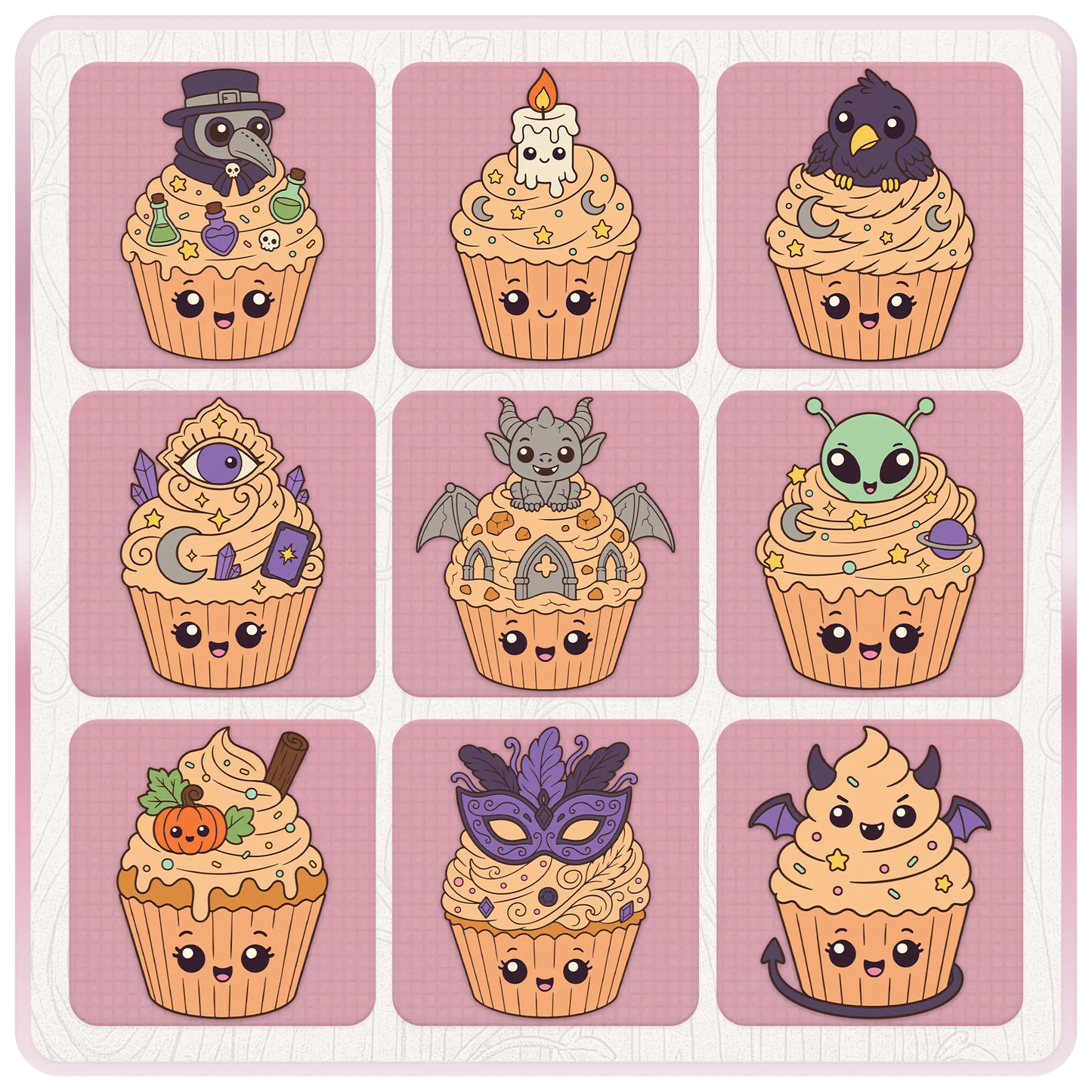Halloween cupcake SVG preview sheet with plague doctor, candle, raven, magic eye, gargoyle, alien, pumpkin, masquerade mask, and cute devil cupcake clipart.