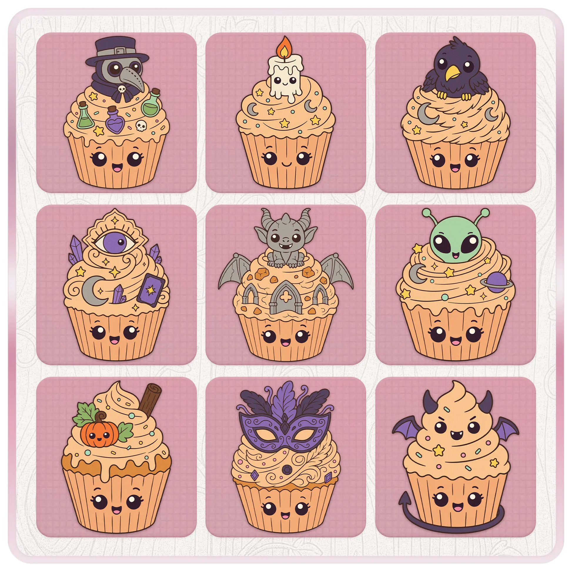 Halloween cupcake SVG preview sheet with plague doctor, candle, raven, magic eye, gargoyle, alien, pumpkin, masquerade mask, and cute devil cupcake clipart.
