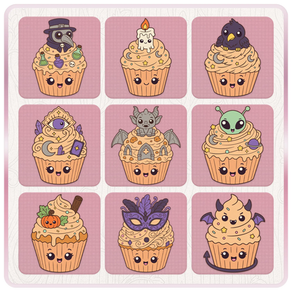 Halloween cupcake SVG preview sheet with plague doctor, candle, raven, magic eye, gargoyle, alien, pumpkin, masquerade mask, and cute devil cupcake clipart.