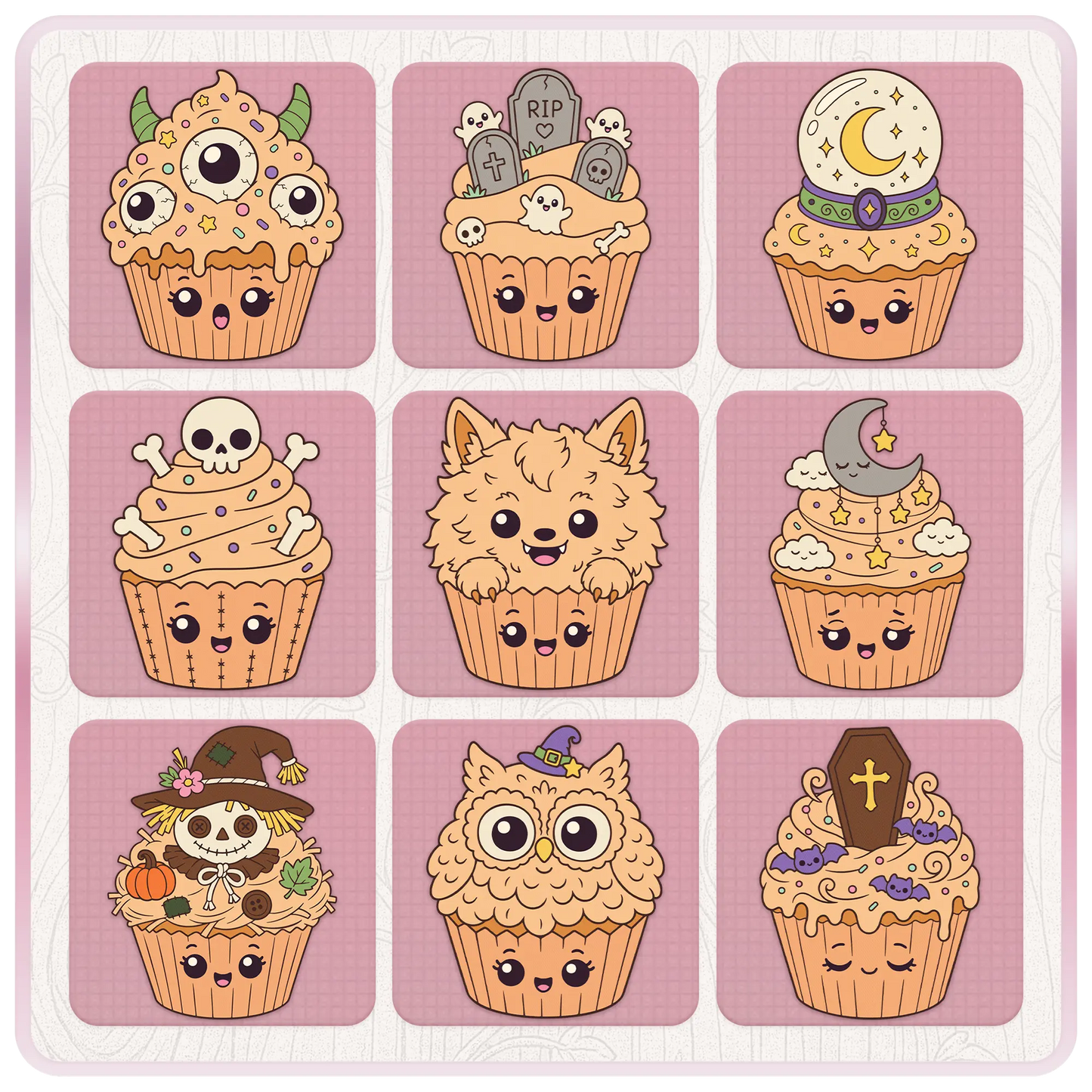 Halloween cupcake PNG and SVG preview sheet featuring monster eyes, graveyard, crystal ball, skull, werewolf, moon, scarecrow, owl, coffin, bats, and spooky cupcake clipart.