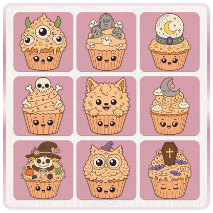 Halloween cupcake PNG and SVG preview sheet featuring monster eyes, graveyard, crystal ball, skull, werewolf, moon, scarecrow, owl, coffin, bats, and spooky cupcake clipart.