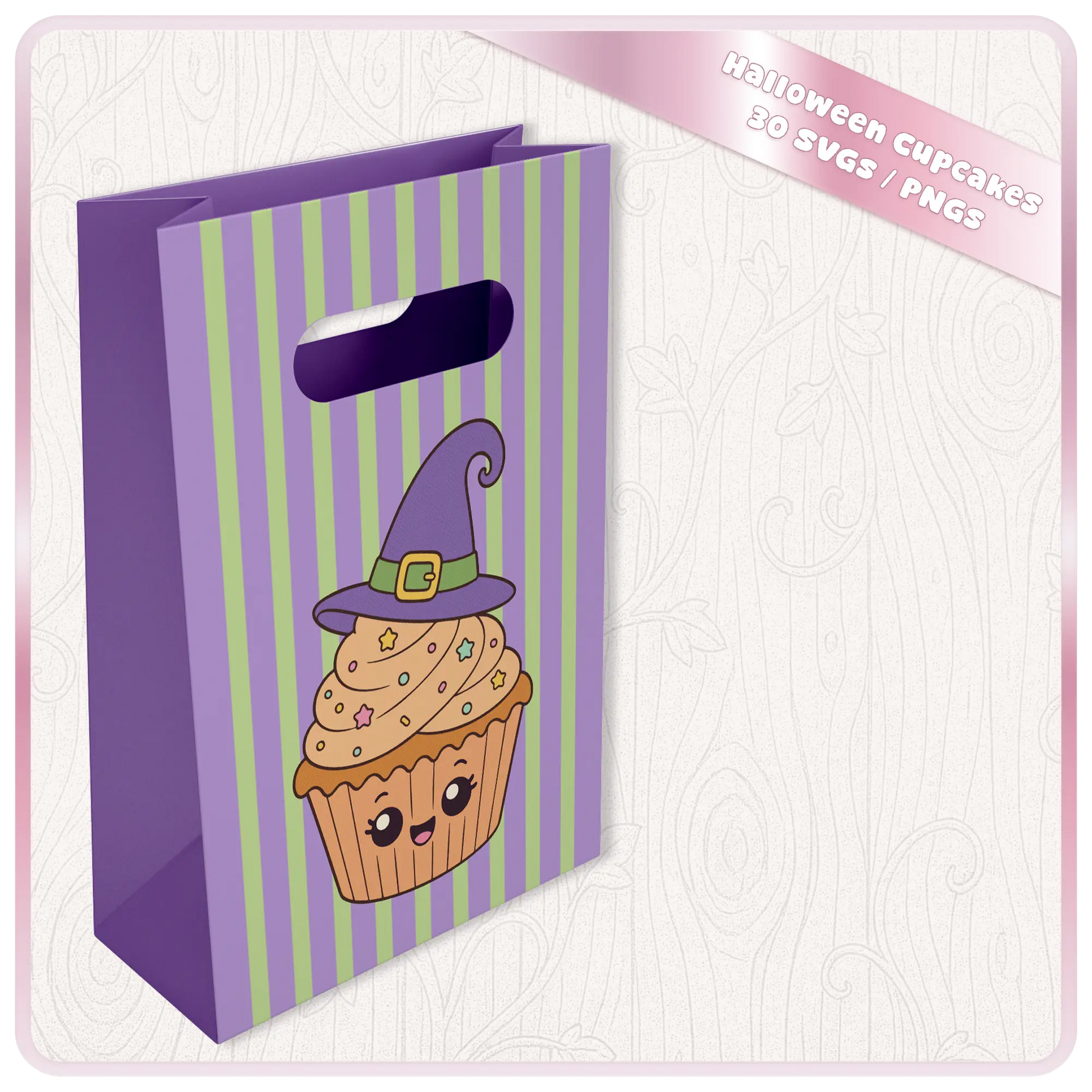 Halloween Cupcakes SVG and PNG mockup showing cute witch hat cupcake artwork printed on a purple and green striped Halloween gift bag.