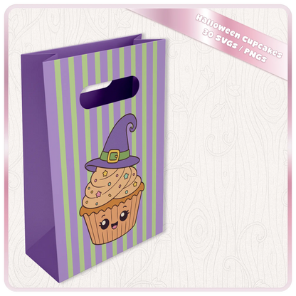 Halloween Cupcakes SVG and PNG mockup showing cute witch hat cupcake artwork printed on a purple and green striped Halloween gift bag.