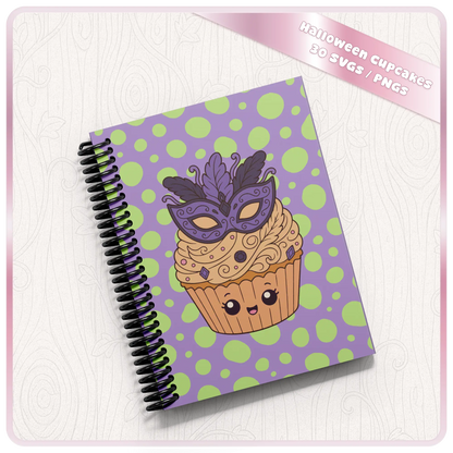 Halloween cupcake SVG and PNG mockup showing cute masquerade mask cupcake artwork on a spiral notebook with purple and green polka dot background.