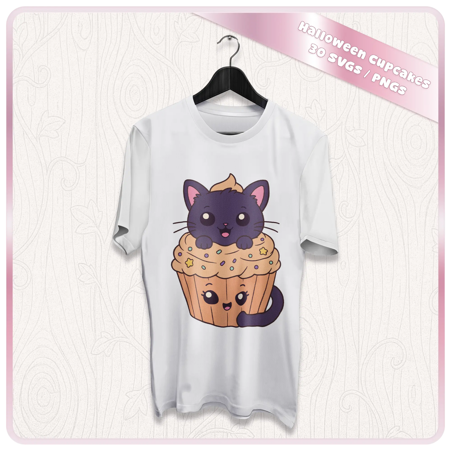 Halloween cupcake clipart mockup showing cute black cat cupcake design printed on a white t-shirt for spooky season apparel and sublimation projects.