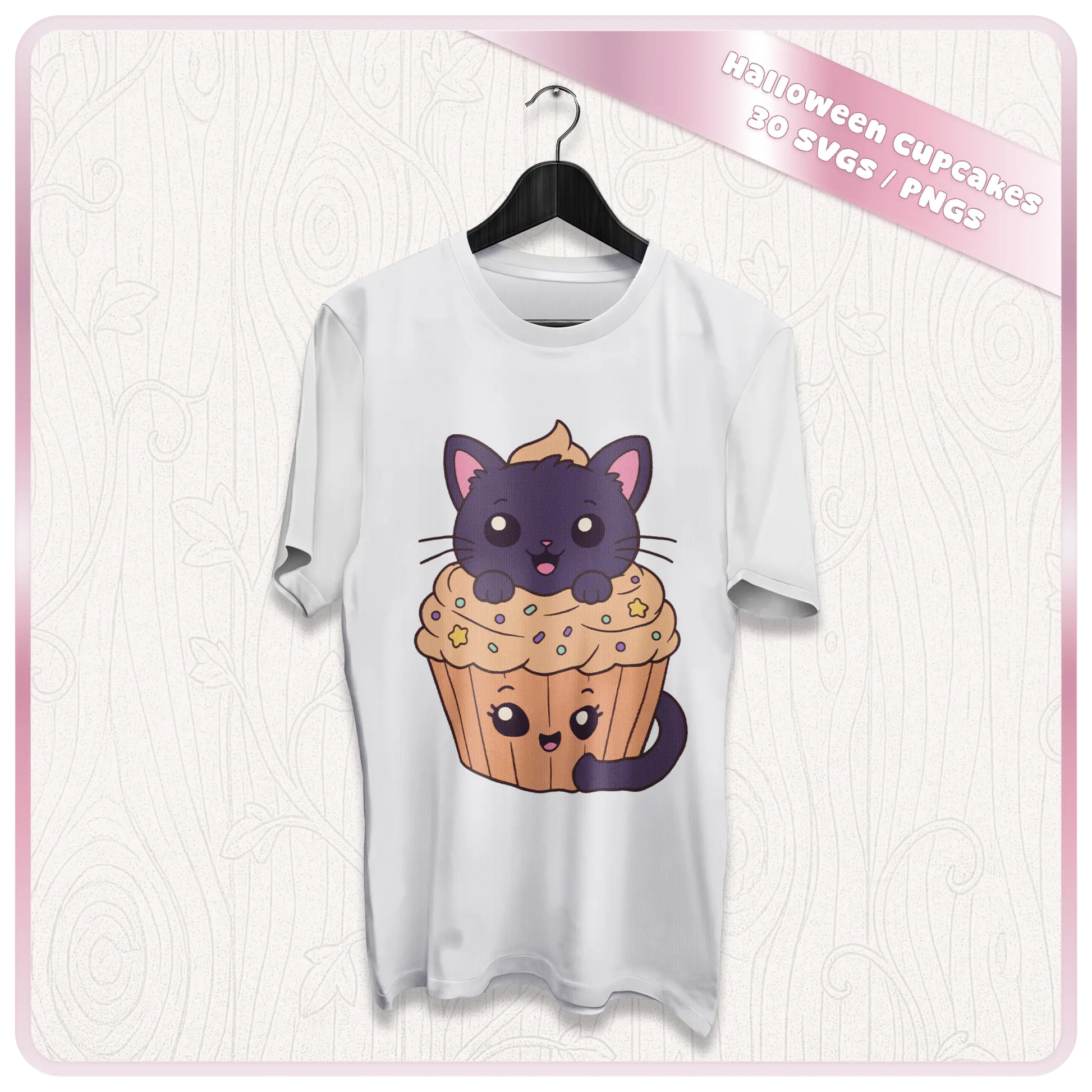 Halloween cupcake clipart mockup showing cute black cat cupcake design printed on a white t-shirt for spooky season apparel and sublimation projects.