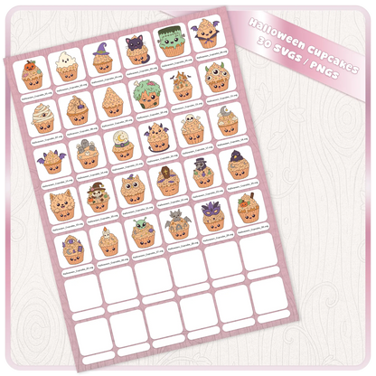 Halloween Cupcakes SVG and PNG bundle preview showing 30 cute spooky Halloween cupcake clipart files arranged on a digital download sheet.