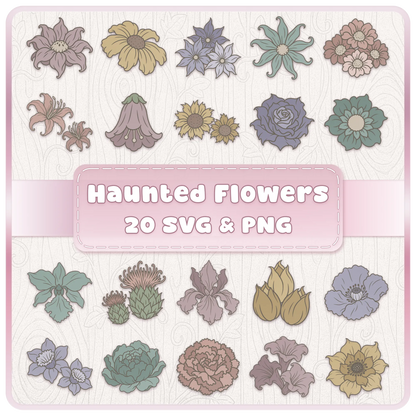 Haunted Flowers SVG and PNG bundle featuring 20 whimsical gothic floral clipart designs in muted vintage woodland colours.