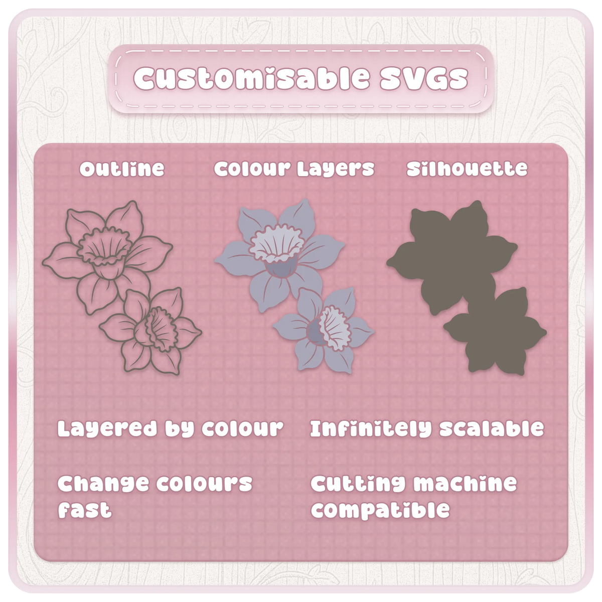 Customisable haunted flower SVG designs showing outline, colour layers and silhouette options for Cricut and Silhouette crafting.