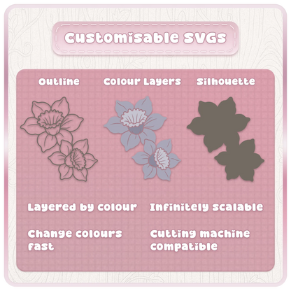 Customisable haunted flower SVG designs showing outline, colour layers and silhouette options for Cricut and Silhouette crafting.