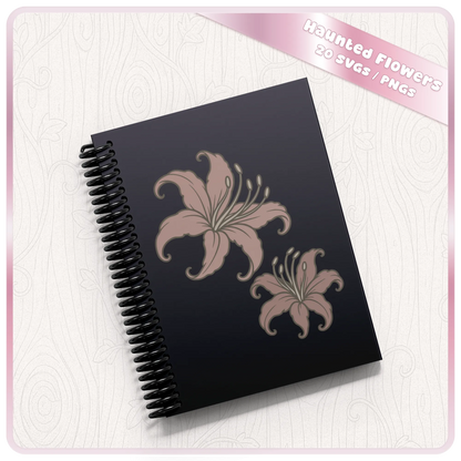Haunted Flowers SVG and PNG floral design displayed on a black spiral notebook, showcasing whimsical gothic flower artwork for crafts.